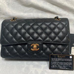 Chanel Vintage Black Caviar Classic Double Flip Handbag with 24K Gold Hardware